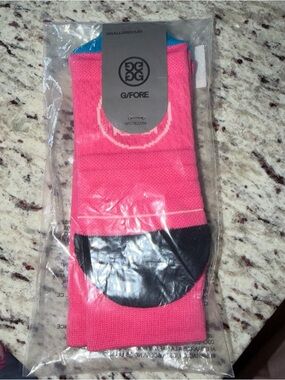 G/FORE Hot Pink Athletic Crew Socks with Black Heel and Blue Trim